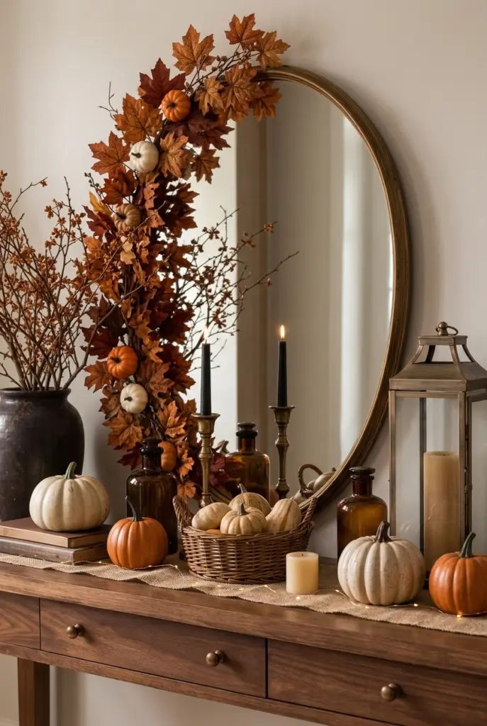Rustic Halloween Mirror with Autumn Leaves