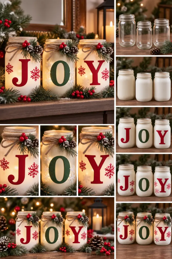 30+ DIY Christmas Mason Jar Crafts for Gifts and Decorations 16 JOY Christmas Mason Jar Crafts