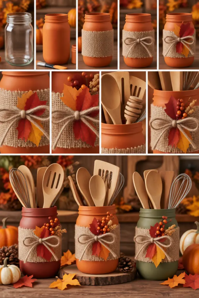 25+ DIY Fall Mason Jar Crafts (Easy Step-by-Step ) 21 Rustic Mason Jar Utensil Holder