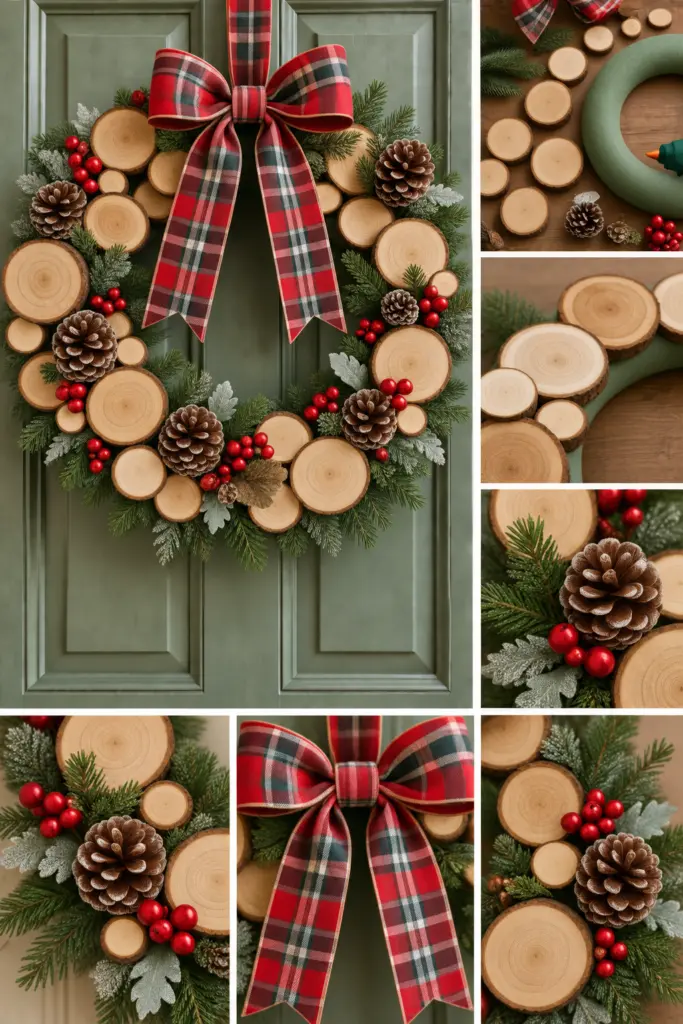 30+ DIY Christmas Wreath Ideas 13 DIY Christmas Wreath with Rustic Wood Slice