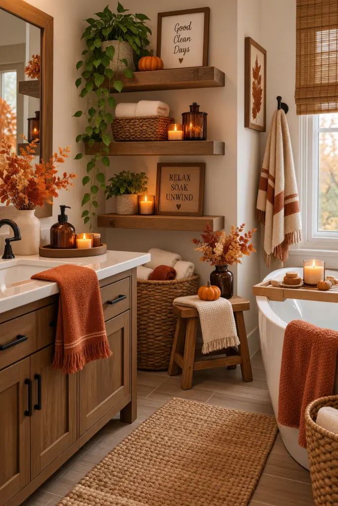 20+ Cozy Fall Bathroom Decor Ideas 13 Cozy Autumn Farmhouse Bathroom Retreat