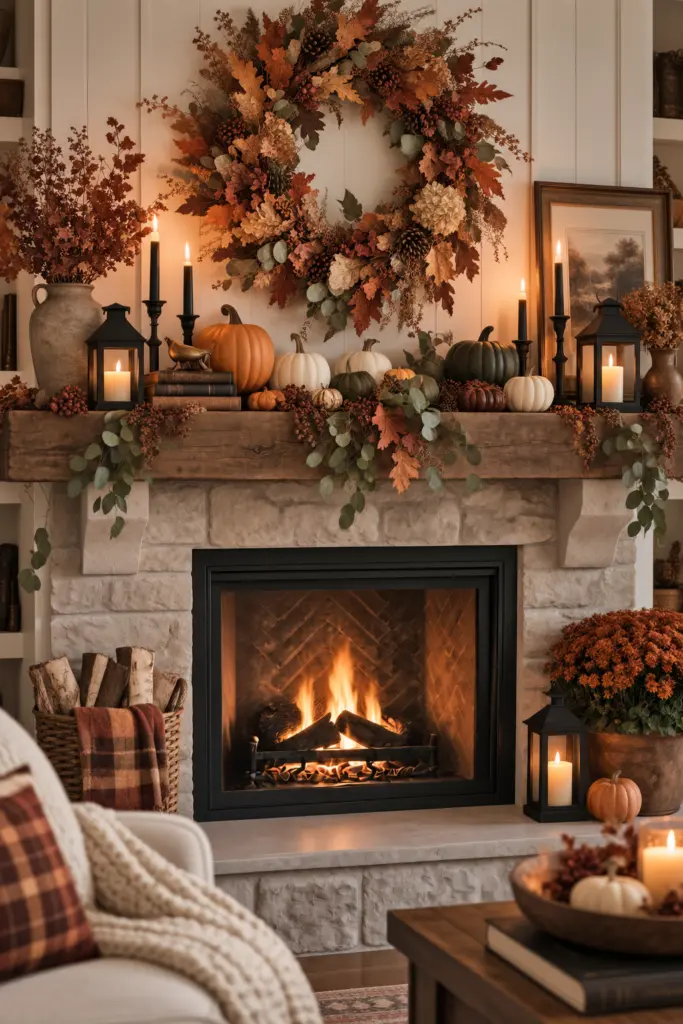 Fall Mantel Decor Ideas in 2026 23 Seasonal Wreath Above the Mantel