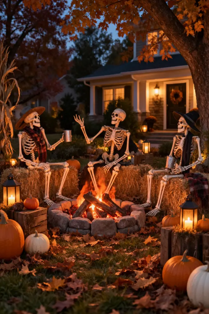 DIY Creepy Outdoor Halloween Decorations 6 Skeleton Campfire Scene for creepy outdoor Halloween decorations