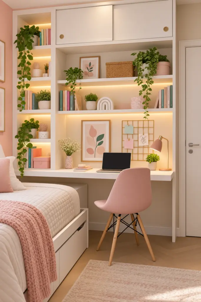 Small Teen Bedroom Desk with Built-In Shelving