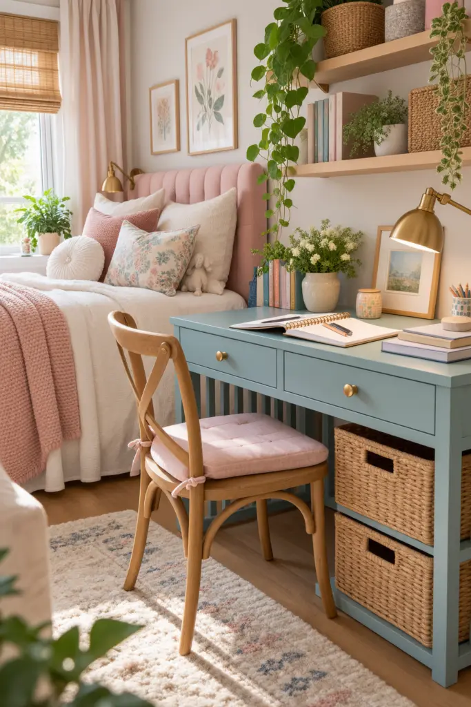 Small Teen Bedroom Desk with Woven Storage Baskets  