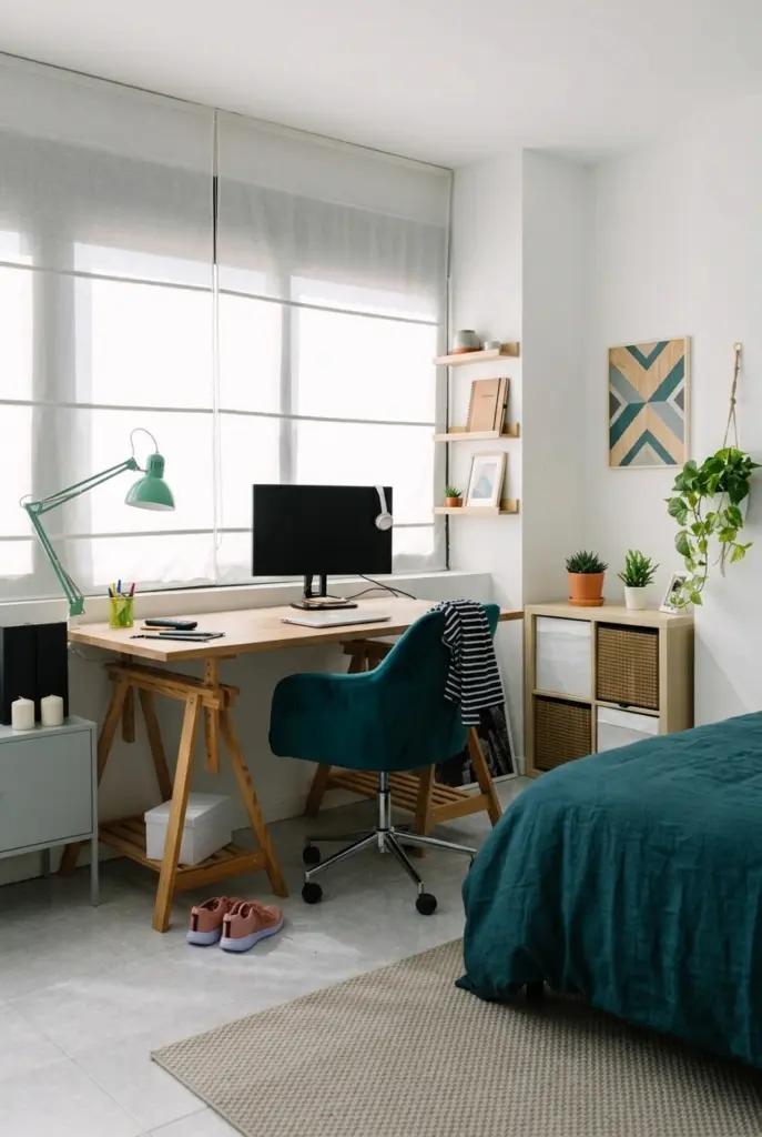 Small Teen Bedroom with Modern Desk with Teal Accents