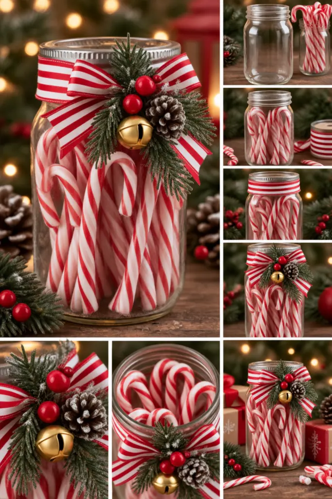 30+ DIY Christmas Mason Jar Crafts for Gifts and Decorations 13 Candy Cane Christmas Mason Jar Crafts