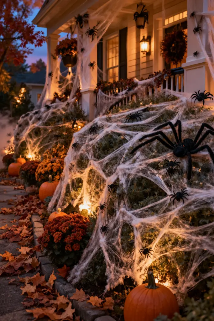 DIY Creepy Outdoor Halloween Decorations 8 Spooky Web-Wrapped Halloween Porch