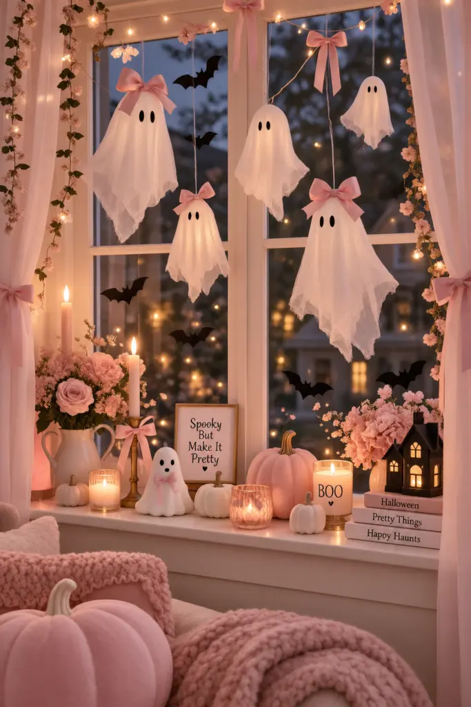 15+ Spooky & Cute Coquette Halloween Decor Ideas 13 Window Coquette Halloween Decor