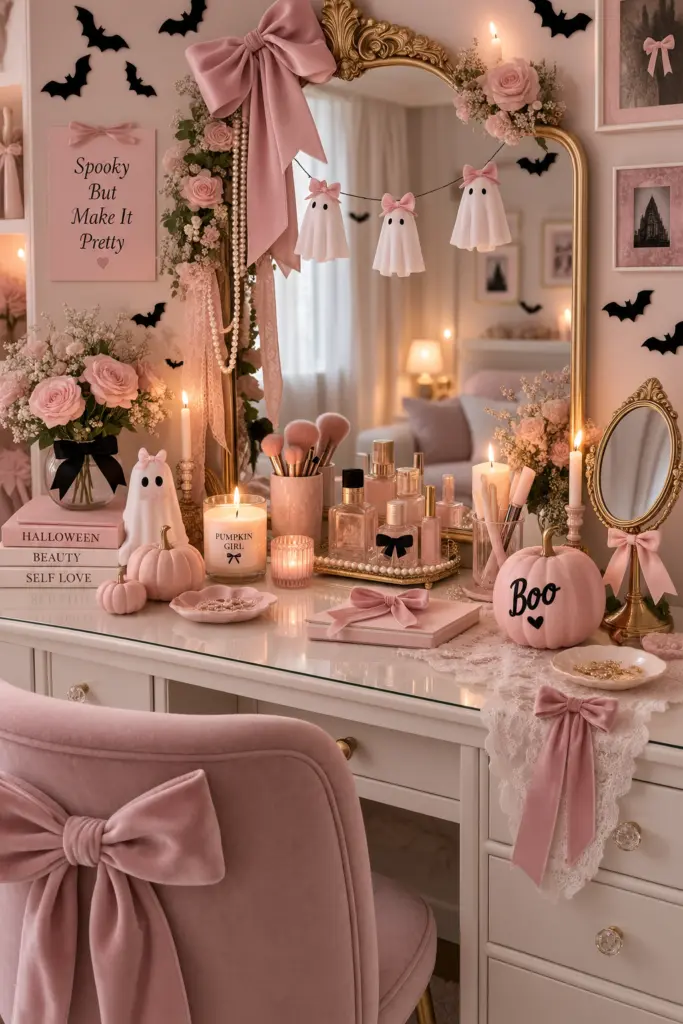 15+ Spooky & Cute Coquette Halloween Decor Ideas 11 Coquette Halloween Vanity