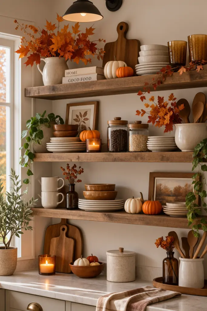 Festive Kitchen Fall Decor Ideas for a Cozy Home 3 kitchen fall decor with Open Shelves