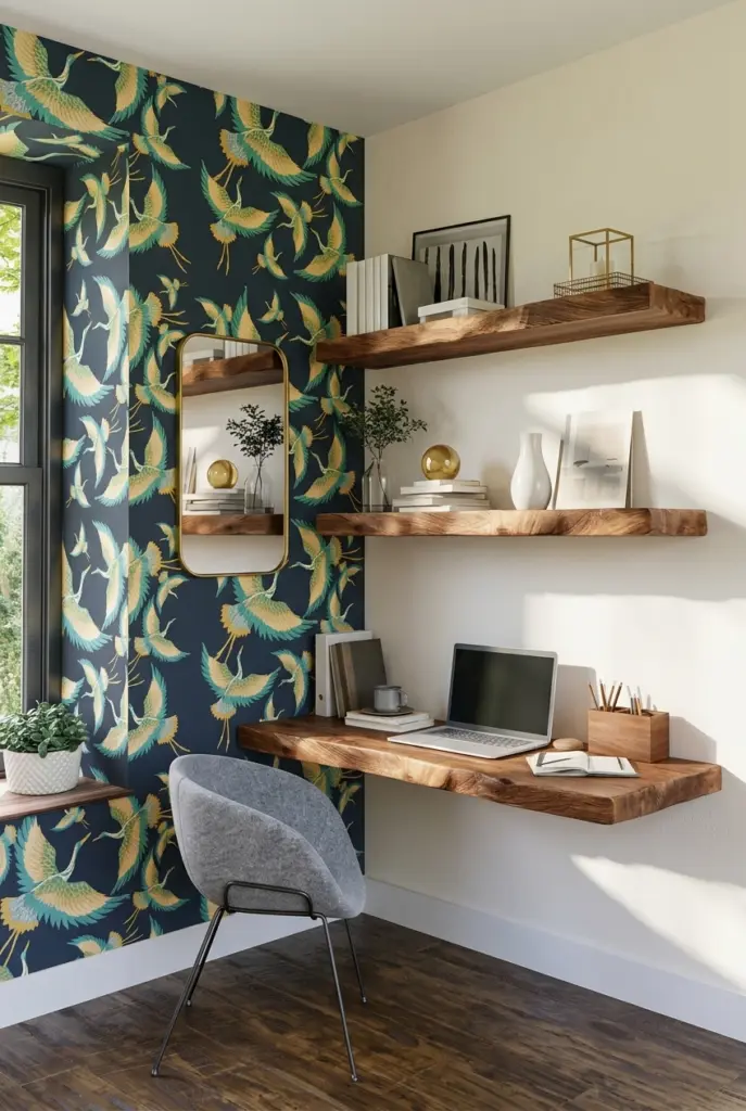 Stylish Small Teen Bedroom Desk Under a Wall-Mounted Shelf