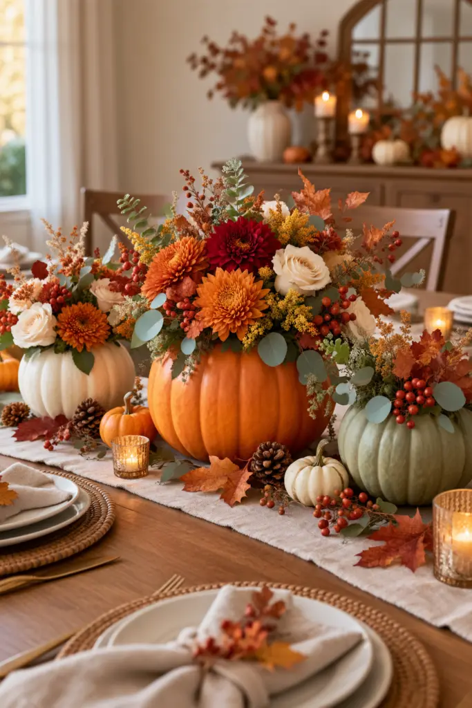 How to Make Pumpkin Centerpieces 7 Three Pumpkin Centerpieces Table Arrangement