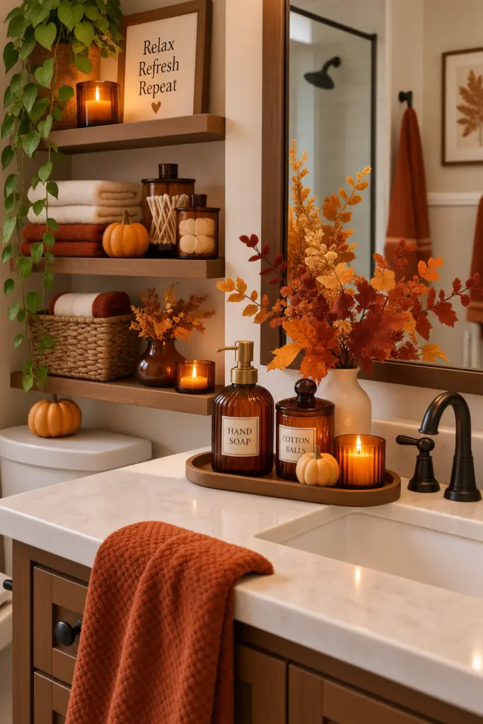 20+ Cozy Fall Bathroom Decor Ideas 11 Fall Bathroom Decor with Amber Glass Accessories
