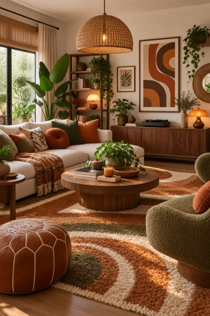 Warm Mid-Century Boho Living Room

