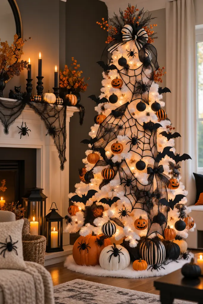 20+ DIY Halloween Tree Decorations Ideas 20 White Halloween Tree With Black Spiderwebs