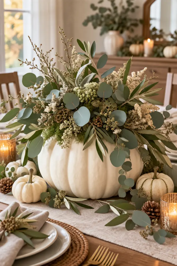 How to Make Pumpkin Centerpieces 8 White pumpkin centerpieces With Greenery