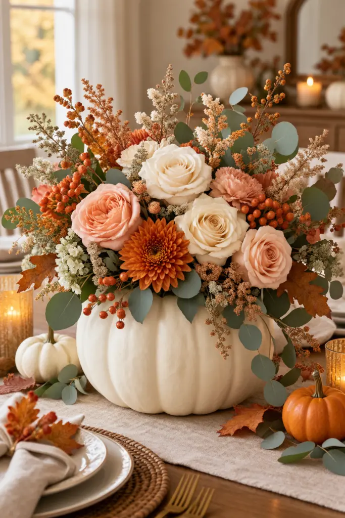 How to Make Pumpkin Centerpieces 3 White Pumpkin and Rose Centerpiece