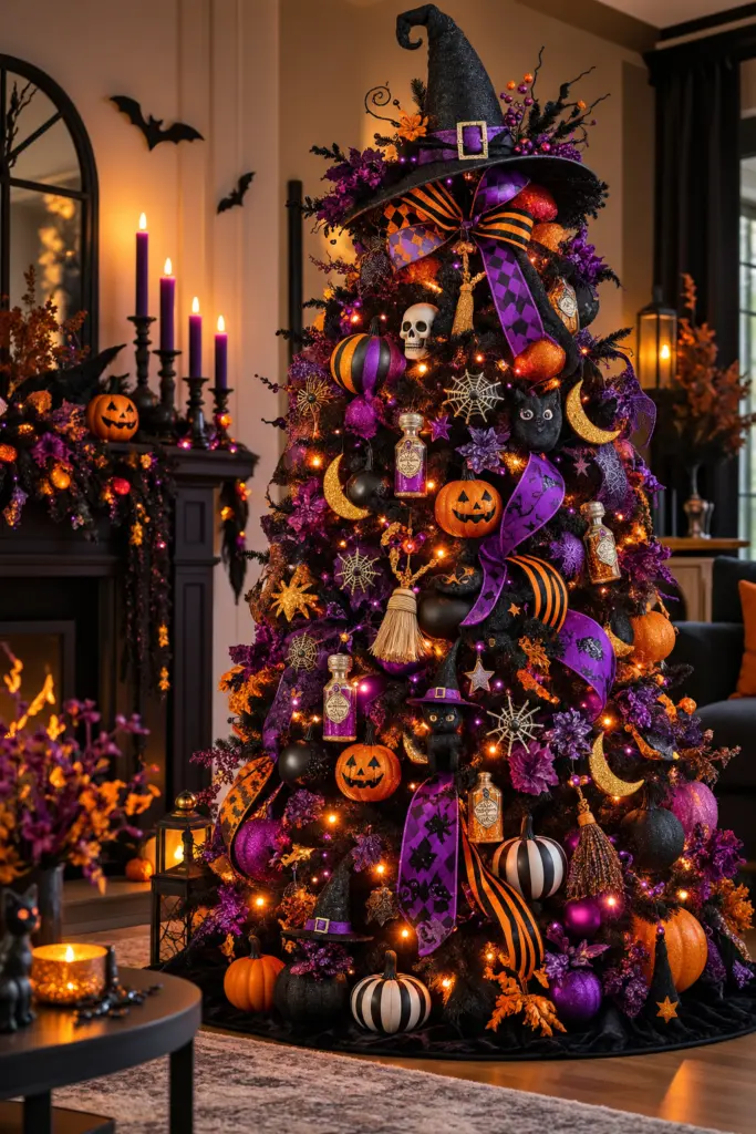 20+ DIY Halloween Tree Decorations Ideas 16 Witch-Inspired Halloween Tree With Purple and Orange Decorations