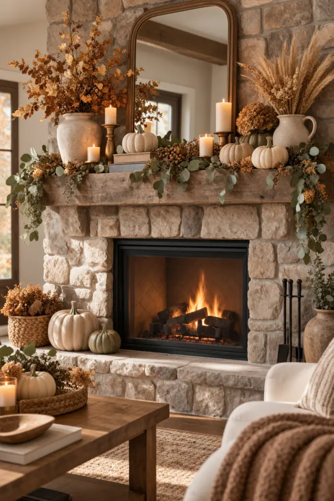 Fall Mantel Decor Ideas in 2026 4 Cream and Neutral Pumpkins