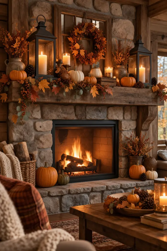 Fall Mantel Decor Ideas in 2026 5 Decorate fall fireplace With Vintage Lanterns
