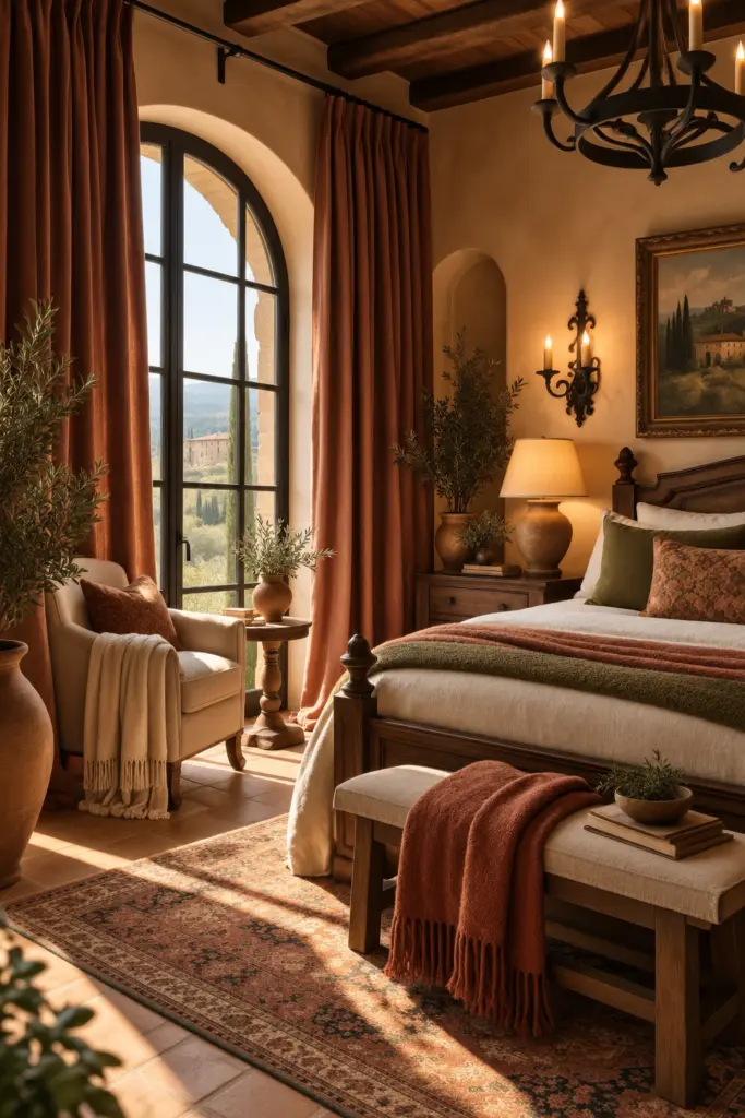 dramatic 2000s-inspired Tuscan bedroom