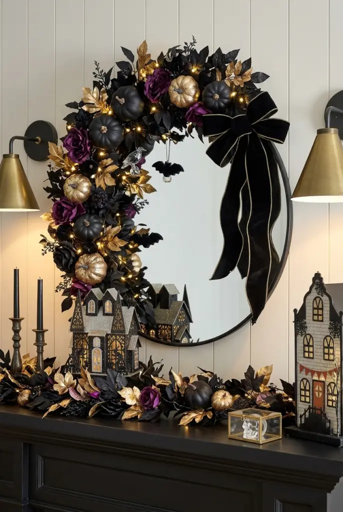 Halloween Mirror Decor with Black and Gold Pumpkin Garland