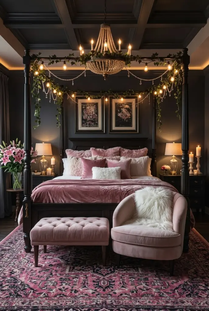 moody romantic bedroom with Ornate Chandelier