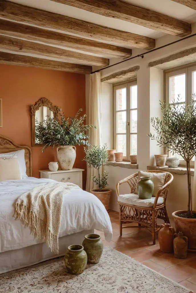 rustic Tuscan bedroom filled with Terracotta Pottery and Ceramic Vases