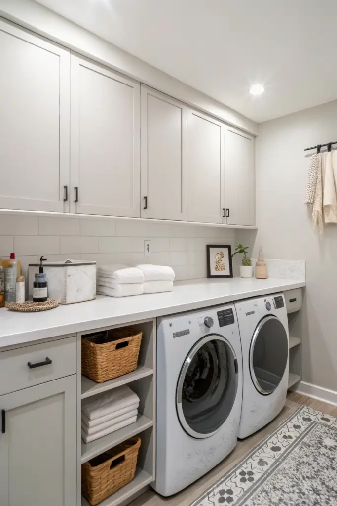 25+ Beautiful Apartment Laundry Room Ideas & Designs 6 Apartment Laundry Room Design with Elegant Built-In Cabinets