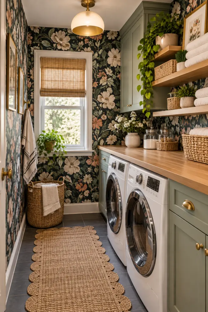 25+ Beautiful Apartment Laundry Room Ideas & Designs 9 Apartment Laundry Room Design with a Statement Wallpaper