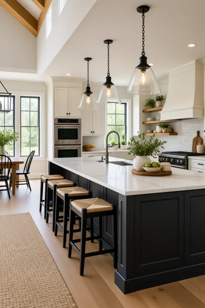 White Cabinets with a Black Kitchen Island