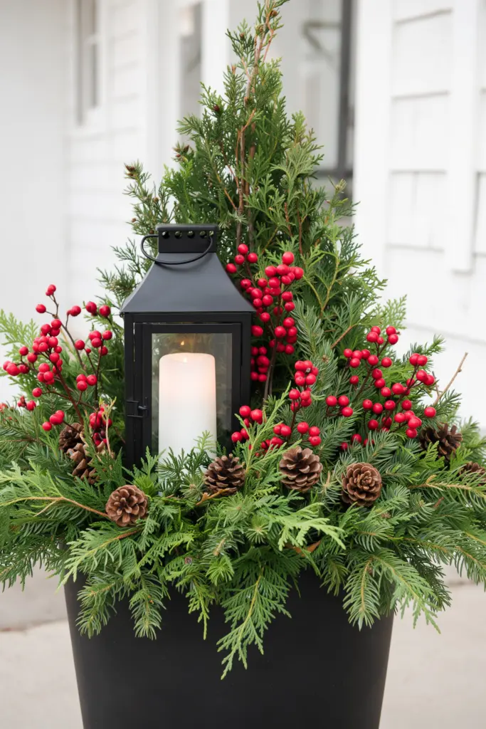 Christmas Planters with Decorative Lanterns
