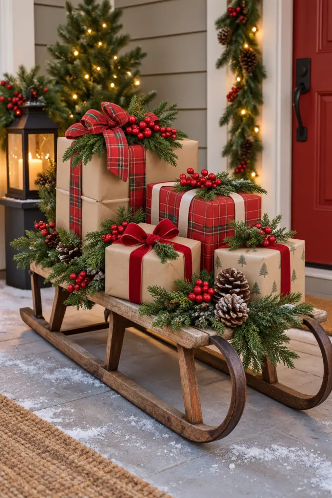 25+ Christmas Sled Decoration Ideas & Photos 14 Christmas Sled with Wrapped Presents