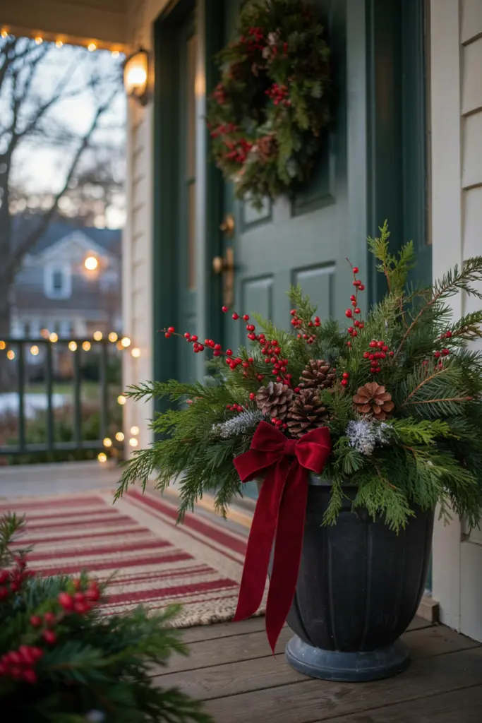 Outdoor Christmas Planters with Evergreen and Red Berry 