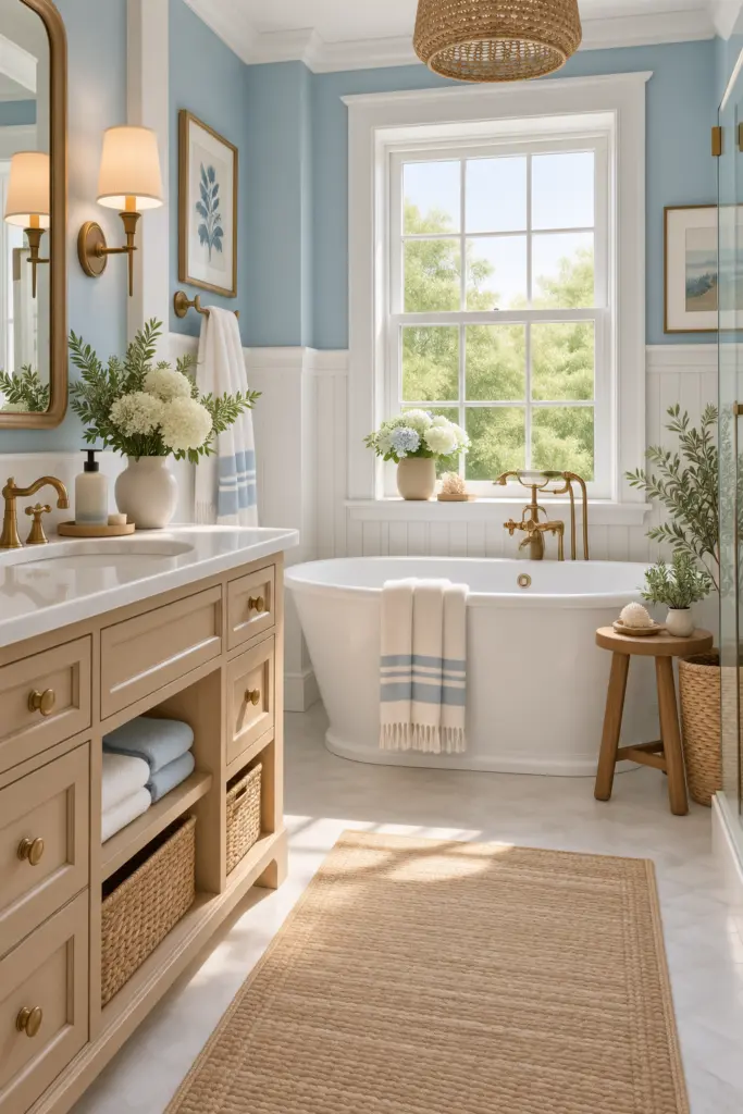 21 Best Wainscoting Bathroom Ideas & Inspo 13 Coastal White and Pale Blue Wainscoting