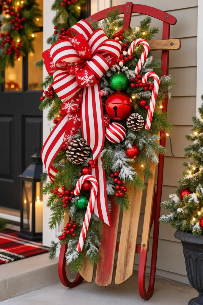 25+ Christmas Sled Decoration Ideas & Photos 15 Colorful Christmas Sled Decoration with Candy Cane Accents