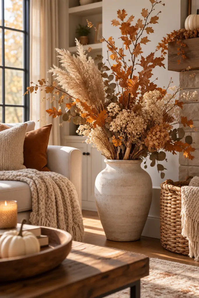 Cozy Autumn Dried Florals by the Fireplace

