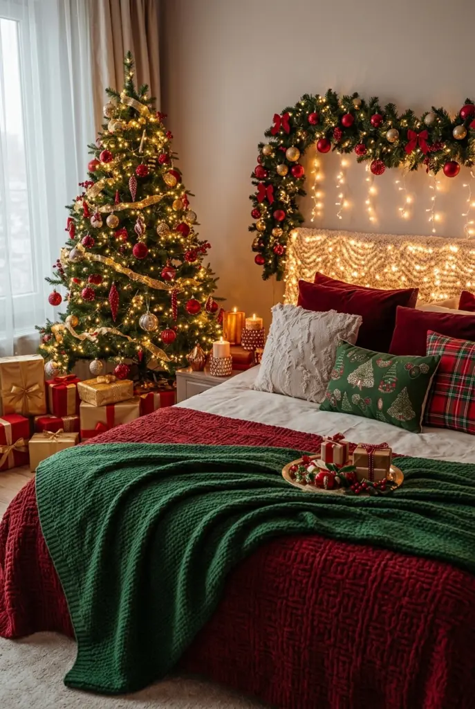 Burgundy and Forest Green Christmas Decorations for Bedroom