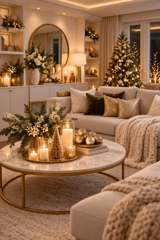 Cozy Gold-Toned Holiday Living Room