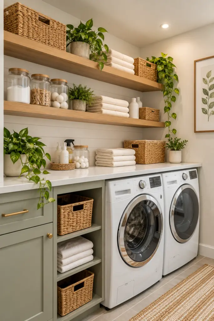 25+ Beautiful Apartment Laundry Room Ideas & Designs 4 Beautiful Apartment Laundry Room With Floating Wooden Shelves