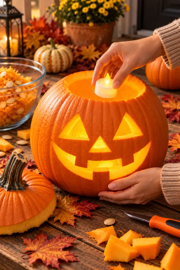 40+ Easy Pumpkin Carving Ideas for Fall & Holidays 28 Add the Lighting to Pumpkin Carving