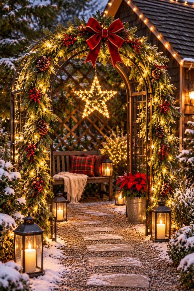 35+ DIY Outdoor Christmas Decorations 11 Cozy Snowy Christmas Garden Arbor