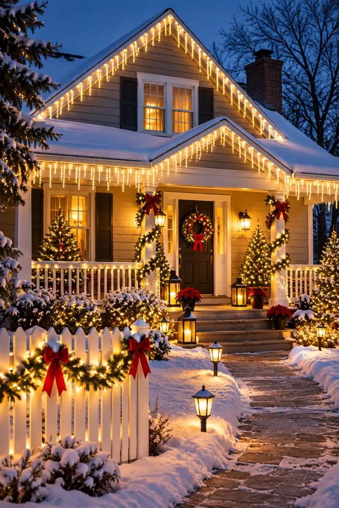 35+ DIY Outdoor Christmas Decorations 9 Cozy Snowy Christmas House at Twilight