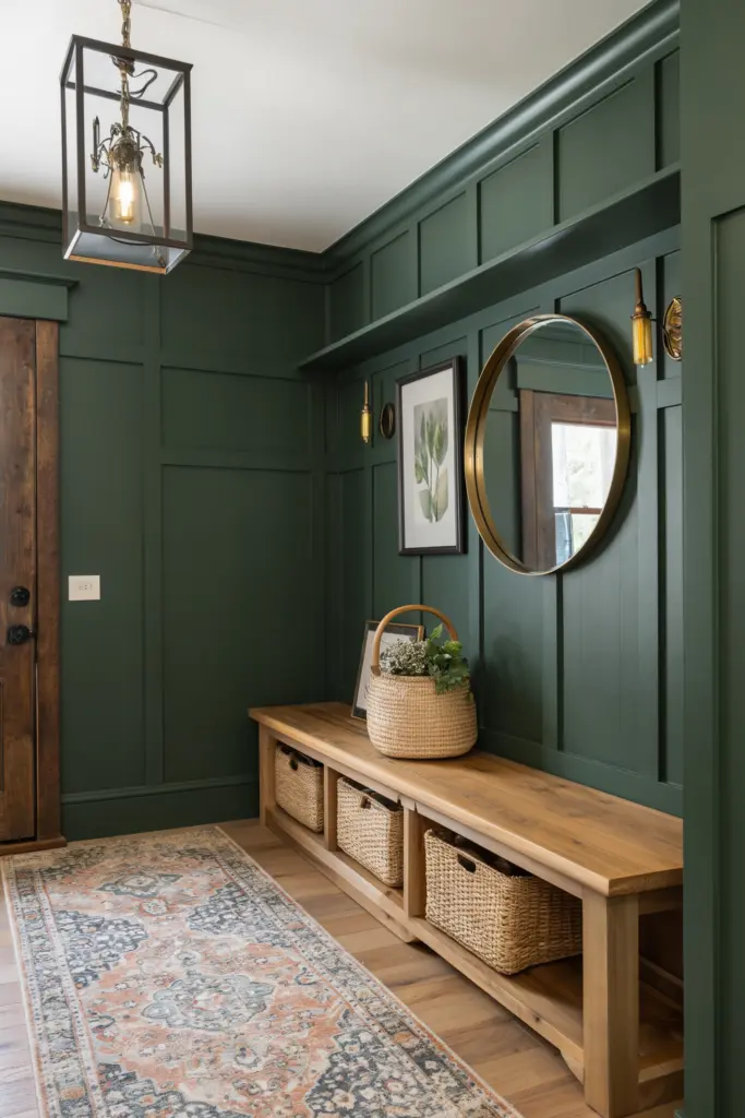 25+ Modern Wainscoting Entryway Ideas & Inspo 6 Dark Green Wainscoting Entryway with Traditional Charm