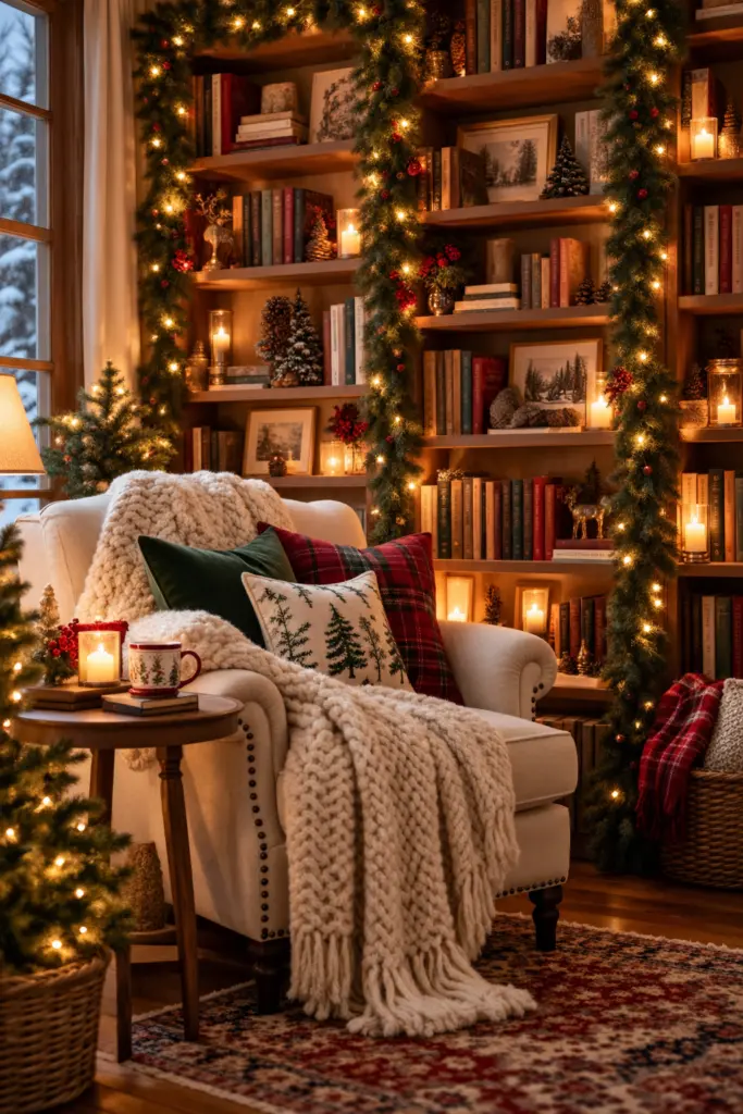 Decorate a Bookshelf With Christmas Greenery