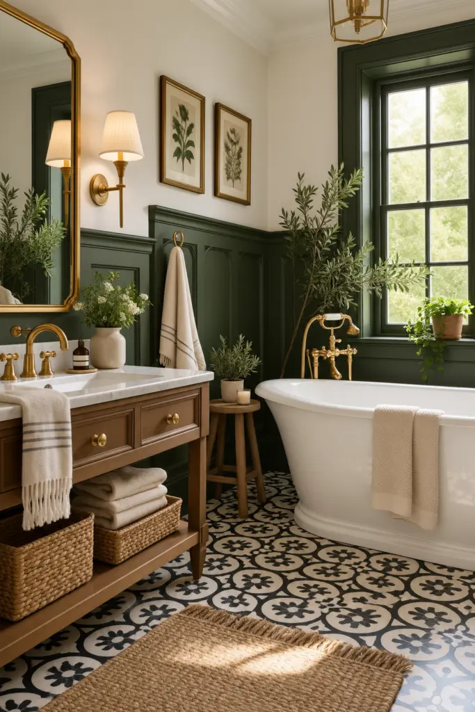21 Best Wainscoting Bathroom Ideas & Inspo 6 Deep Green Wainscoting for a Moody Bathroom