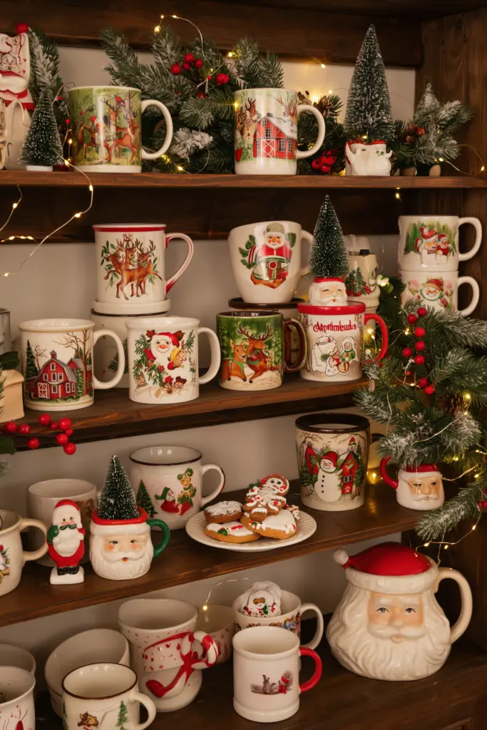 90s Christmas Aesthetic - 30 Cozy Magical Holiday Decorating Ideas 12 Display Vintage Christmas Mugs