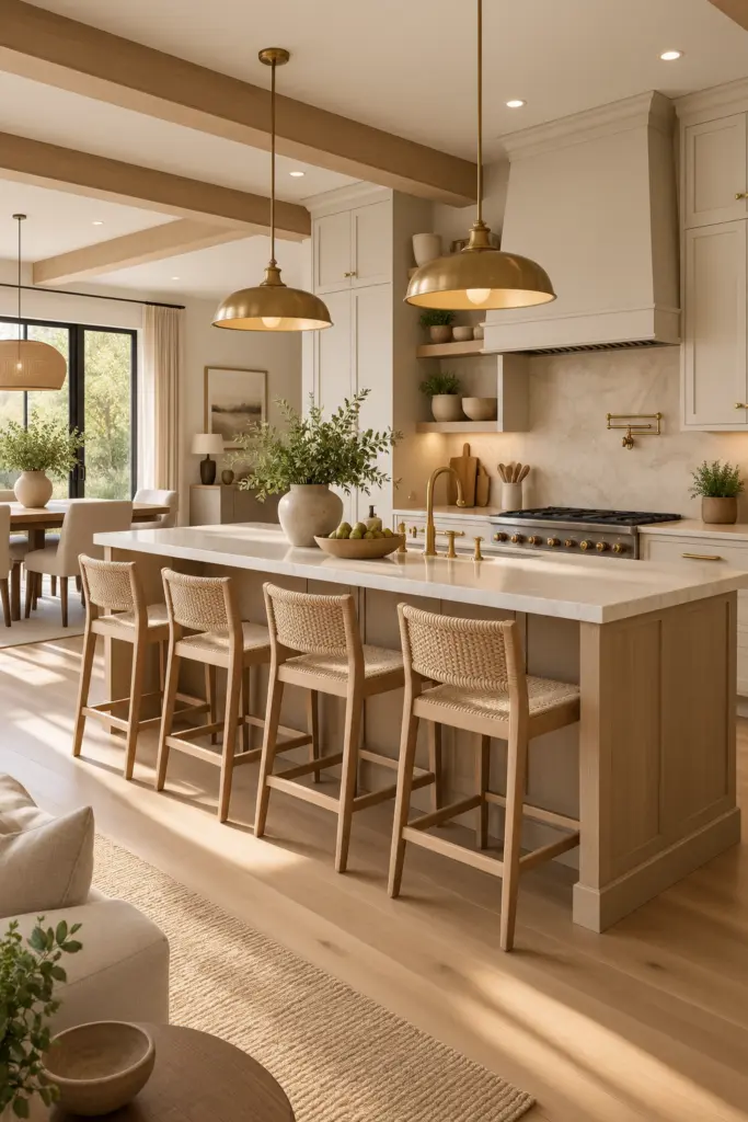 30 Beautiful Open Kitchen Designs Ideas & Inspirations 13 Earthy Beige and Cream Open Kitchen