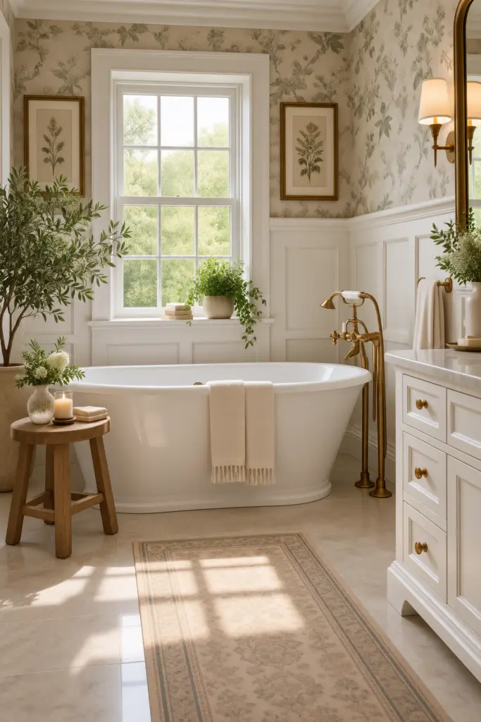 21 Best Wainscoting Bathroom Ideas & Inspo 8 Elegant Botanical Freestanding Tub Bathroom